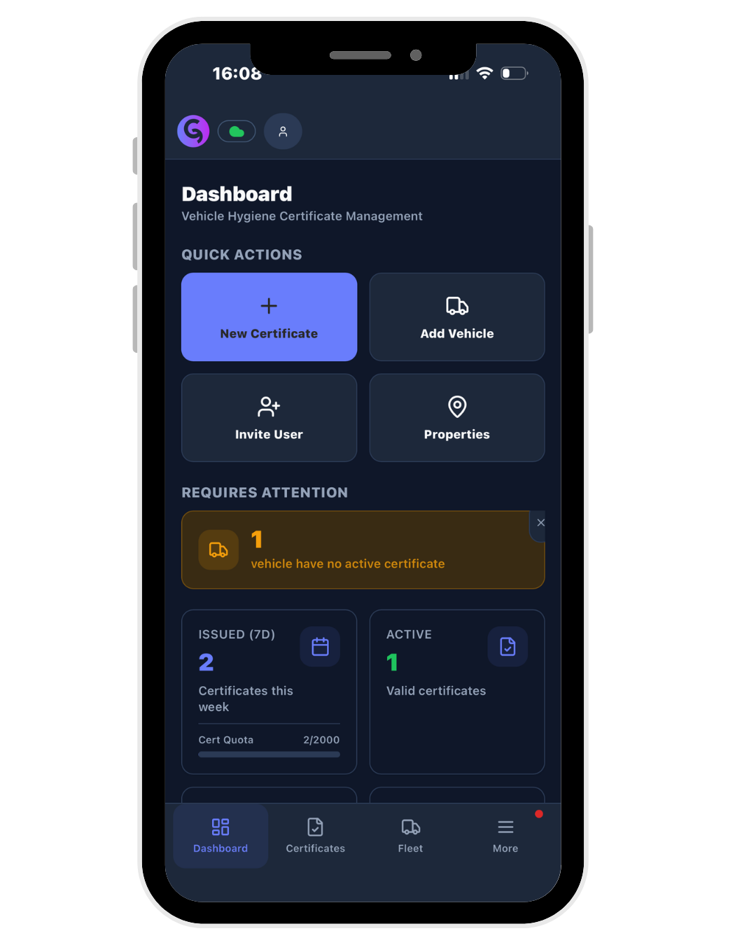 CertMate mobile app dashboard showing vehicle hygiene certificate management
