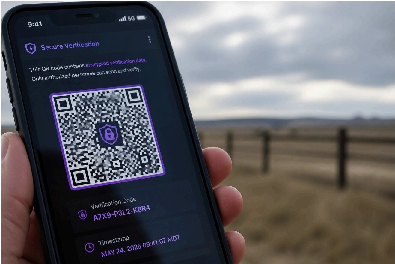 Smartphone displaying QR code for secure verification with timestamp