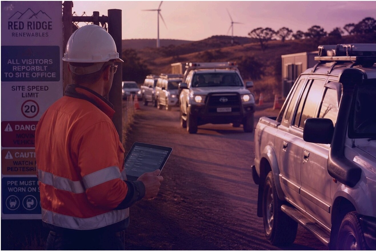 Red Ridge Renewables site entrance with safety signage and vehicles