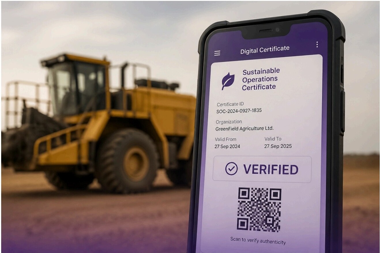 Digital sustainable operations certificate with QR code verification