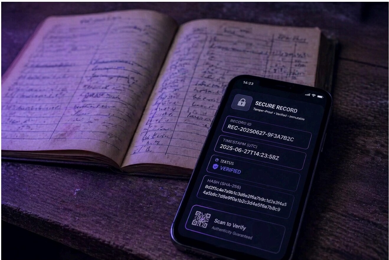 Smartphone displaying secure record with QR code beside an open handwritten logbook