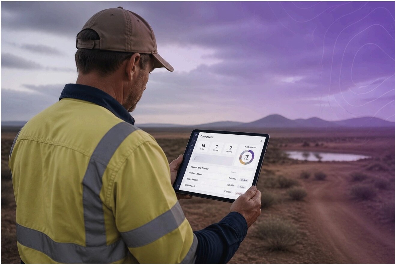 Worker in safety gear reviewing a compliance dashboard on a tablet