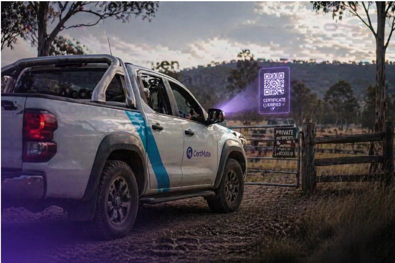 CertMate-branded ute at a property gate with digital certificate overlay