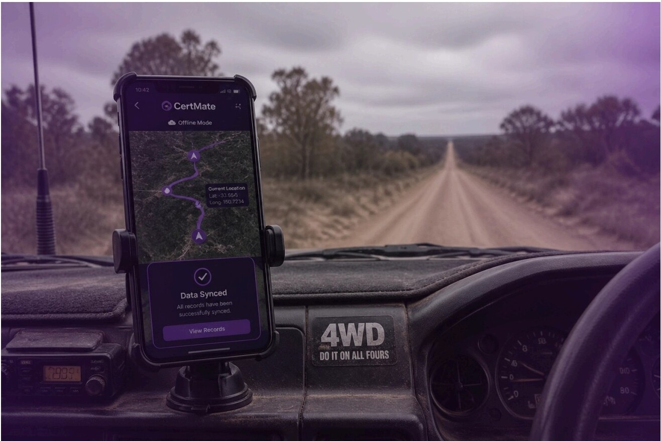 Smartphone mounted on car dashboard showing CertMate app with map and sync status