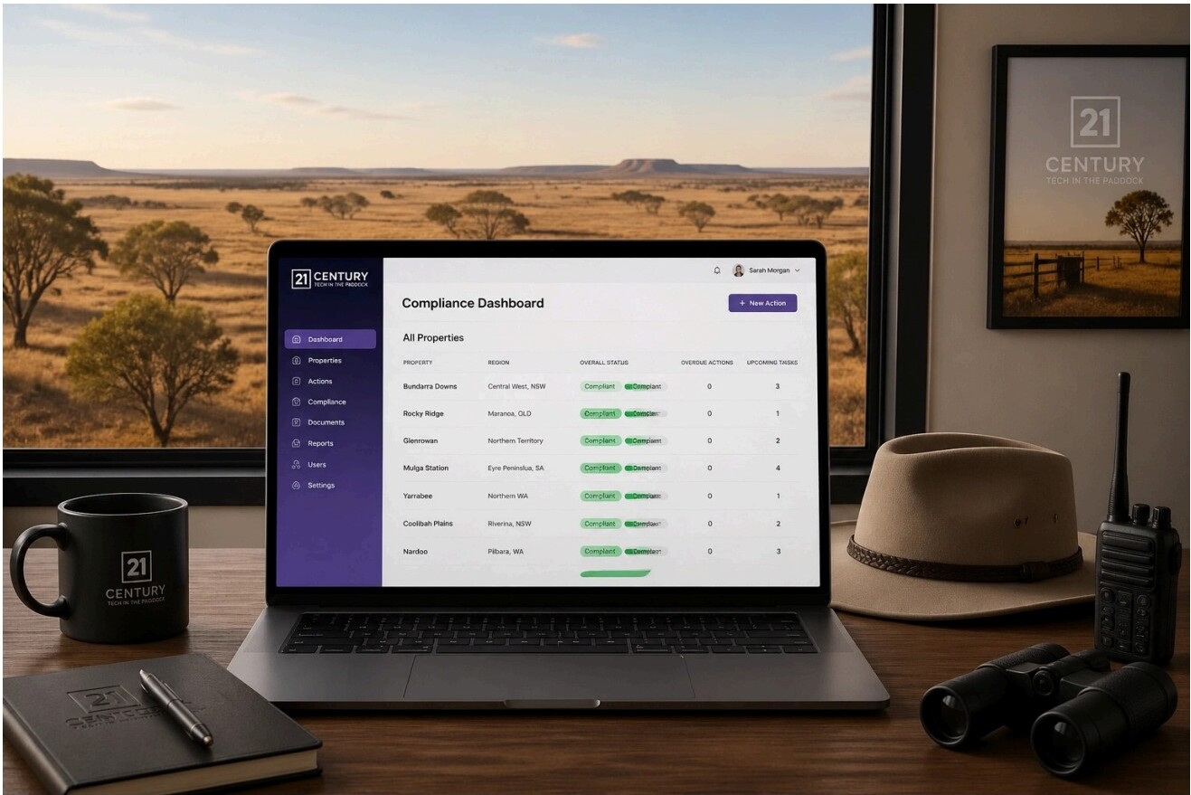 Laptop showing a multi-property compliance dashboard on a desk with outback backdrop