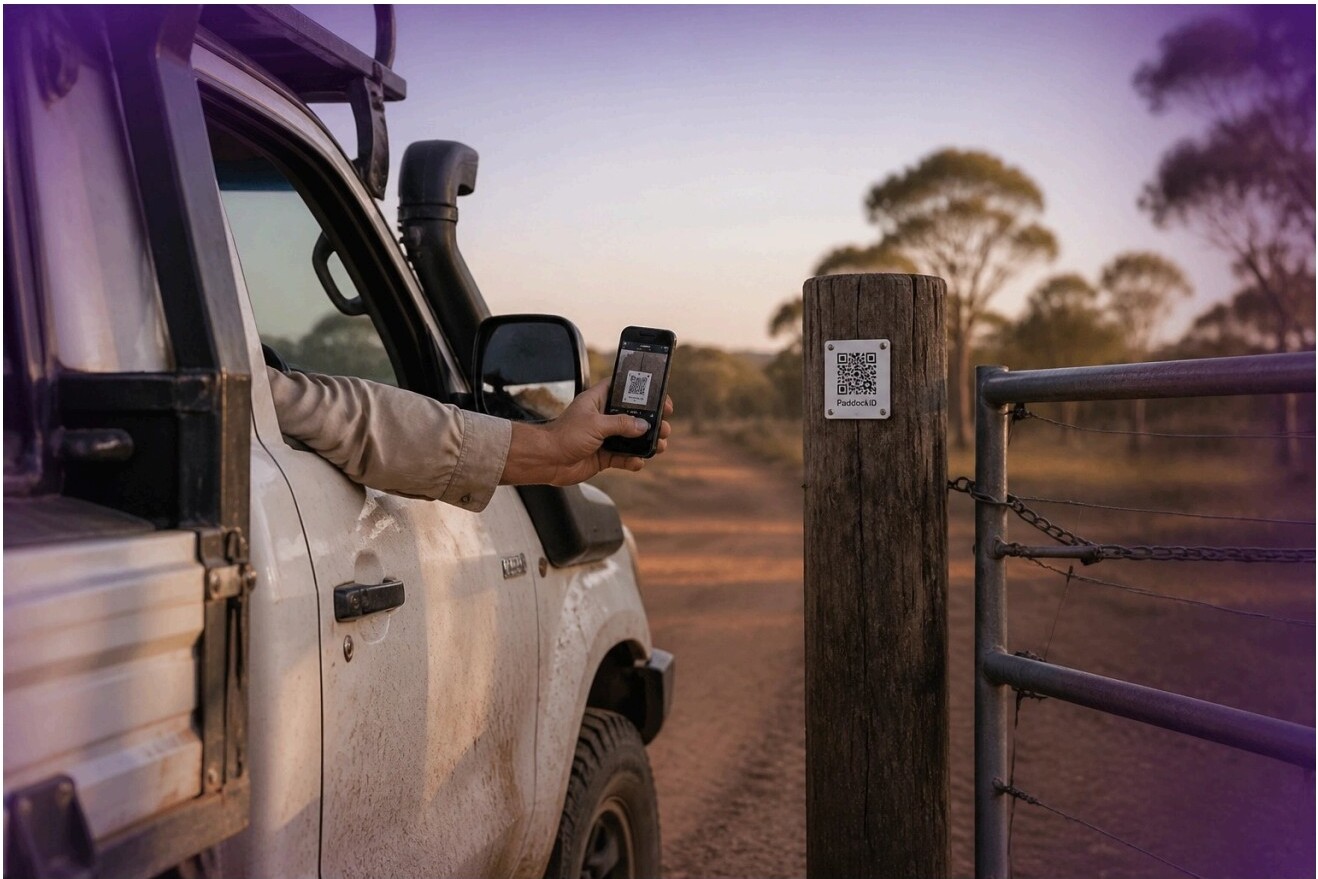 Person in vehicle scanning a QR code on a gate post
