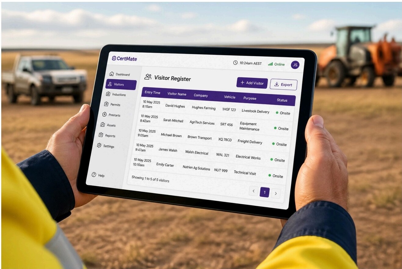 CertMate Visitor Register showing visitor names, companies, vehicles, purpose, and status