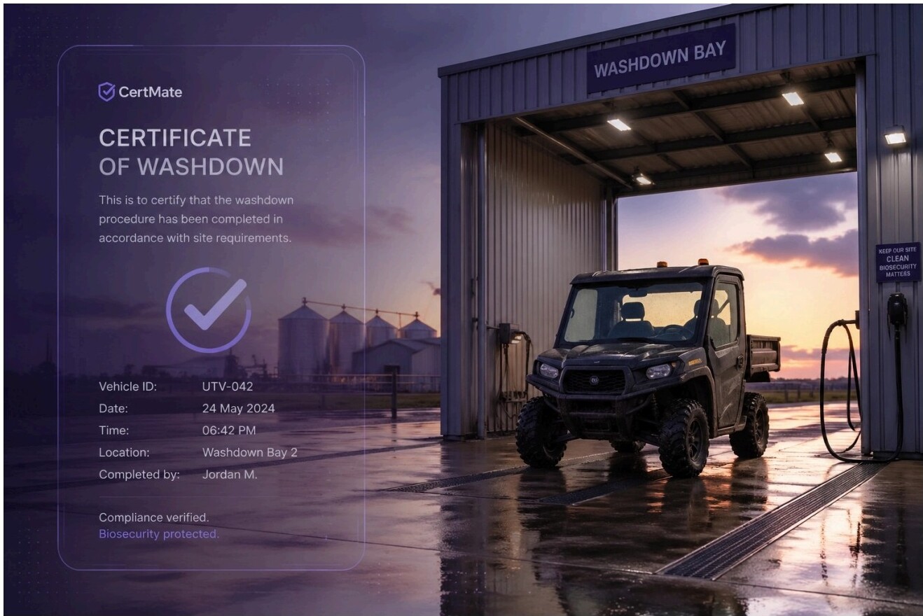 Vehicle washdown bay with digital certificate overlay
