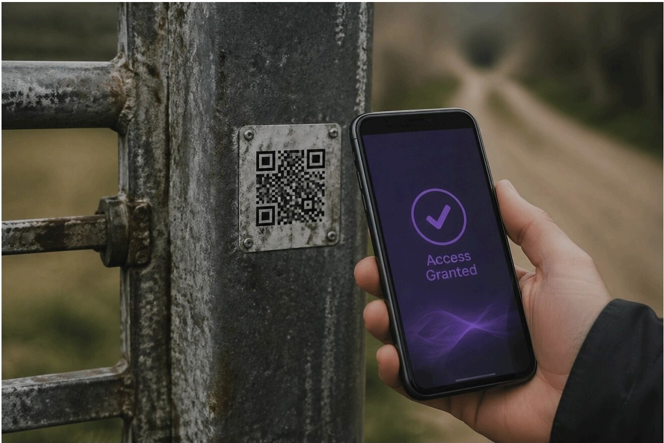 Smartphone displaying access granted next to a QR code on a metal farm gate