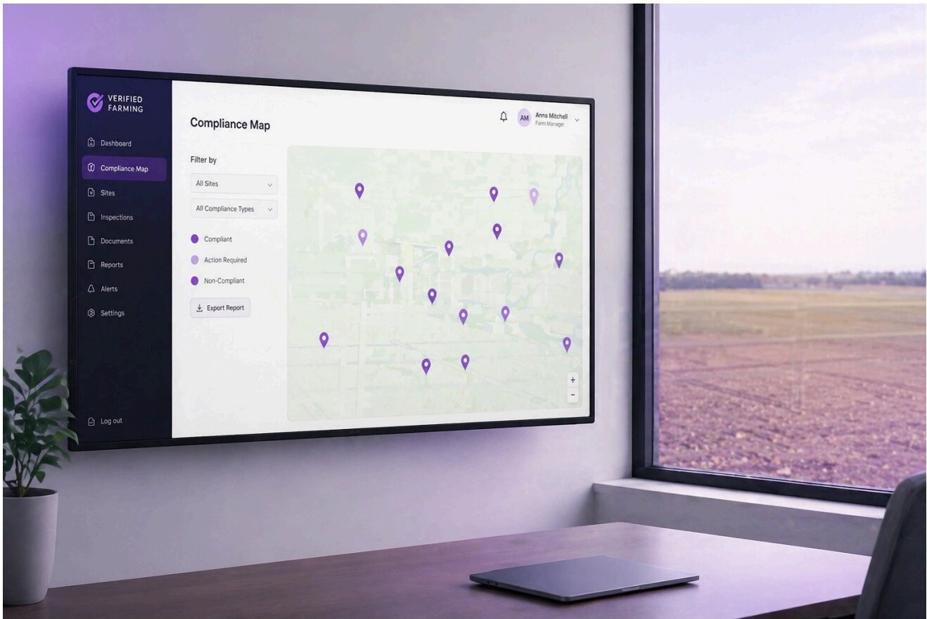 Verified Farming compliance map dashboard showing property compliance markers across a region