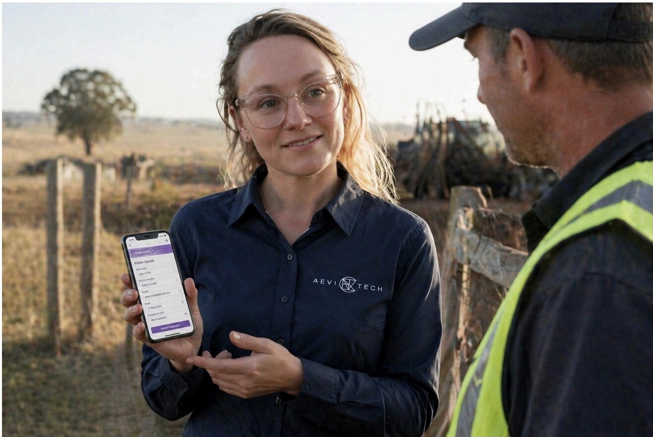Worker delivering an on-site induction using a mobile app to a contractor in a high-vis vest