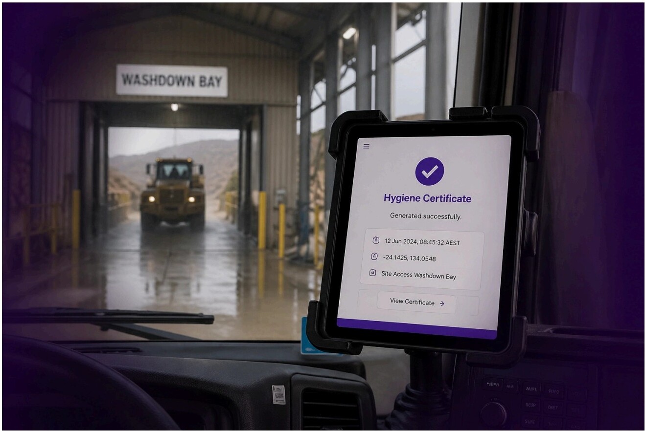 Washdown bay hygiene certificate generated successfully on a digital screen with timestamp and GPS coordinates