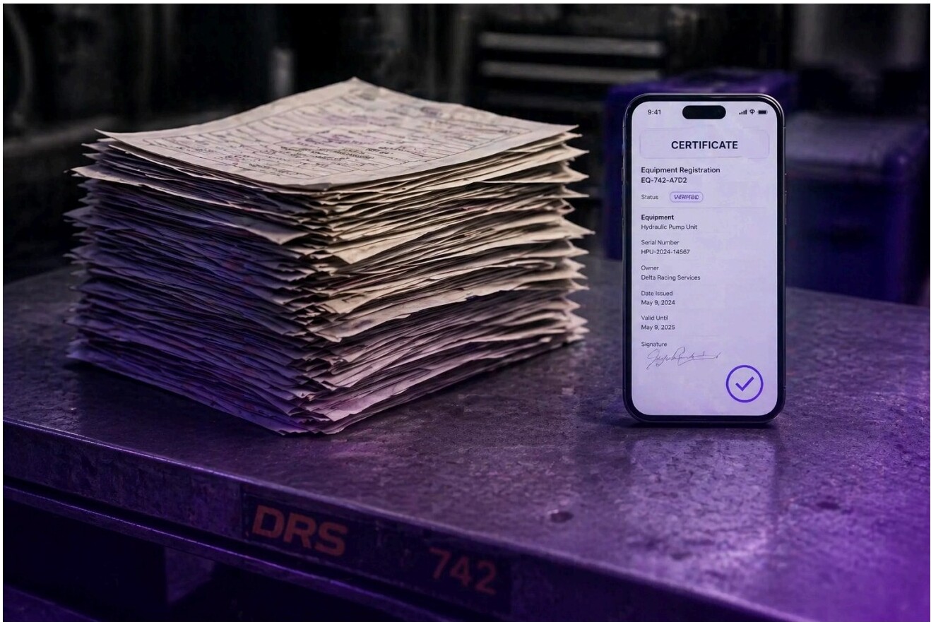 A stack of paper documents next to a smartphone displaying a digital certificate