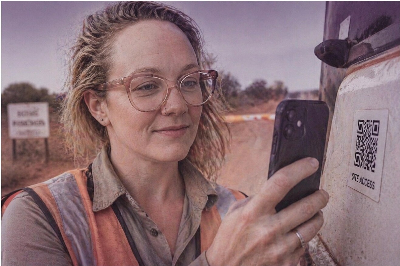 Worker scanning a QR code on equipment with smartphone
