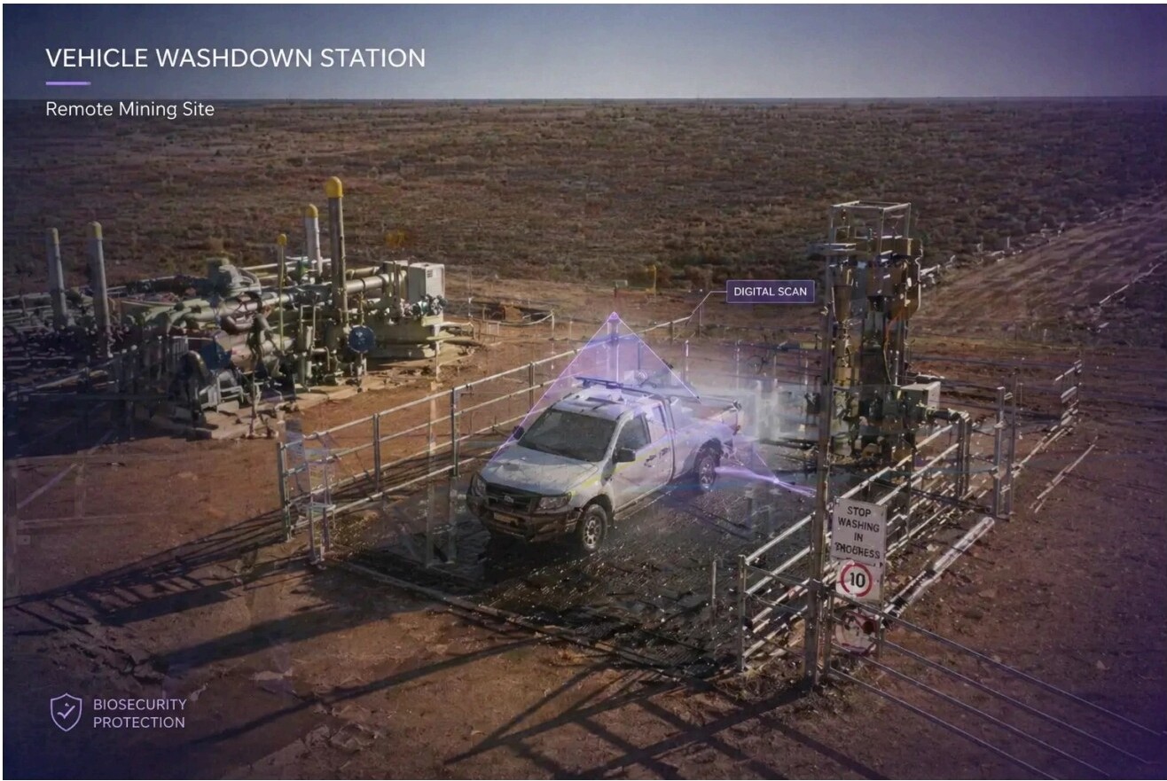 Remote mining site vehicle washdown station with digital scan verification