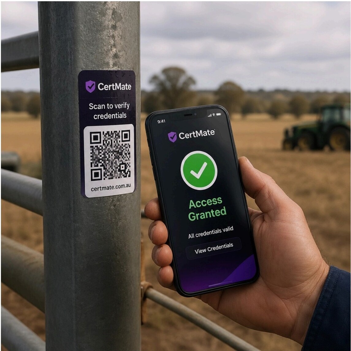 Smartphone displaying access granted next to a QR code sticker on a metal gate post