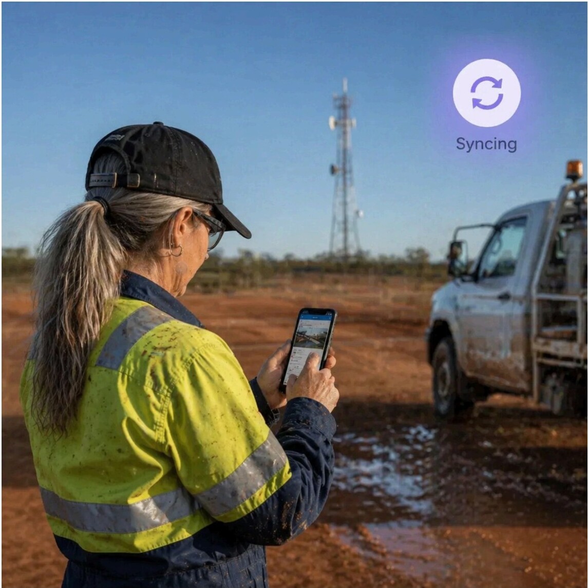 Worker in high-visibility gear using a smartphone outdoors with a syncing icon overlay