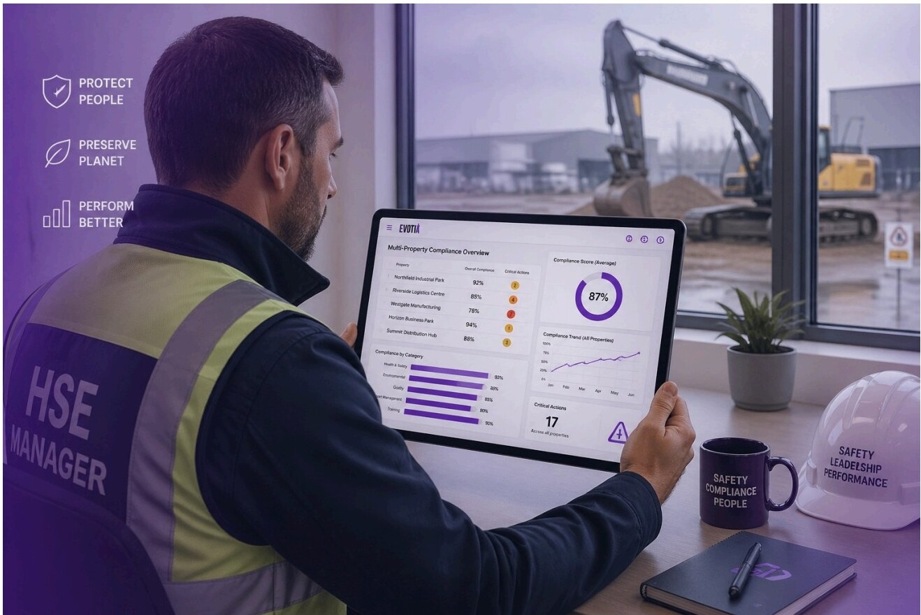 HSE manager reviewing a multi-property compliance dashboard on a tablet at a construction site