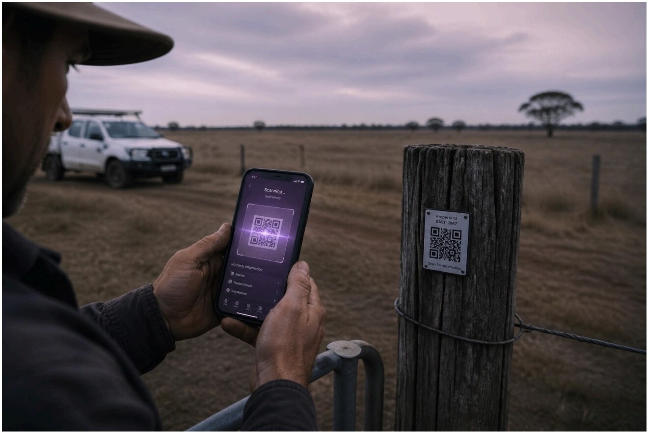Person scanning a QR code on a wooden fence post with a smartphone