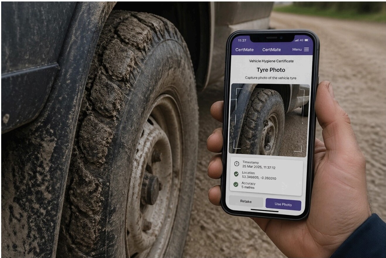 Smartphone displaying the CertMate app capturing a vehicle tyre photo with timestamp, location, and accuracy