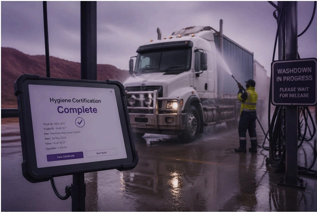 Truck being washed down at a washdown station with a digital screen showing hygiene certification complete
