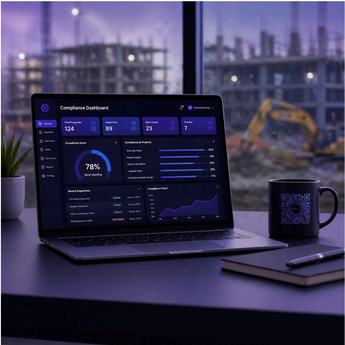 Laptop displaying a compliance dashboard with metrics and charts