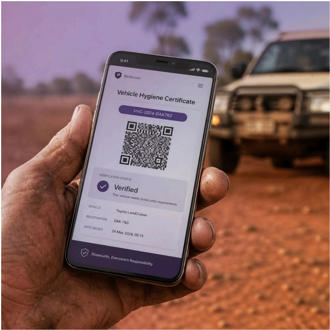 Hand holding smartphone displaying a Vehicle Hygiene Certificate with QR code