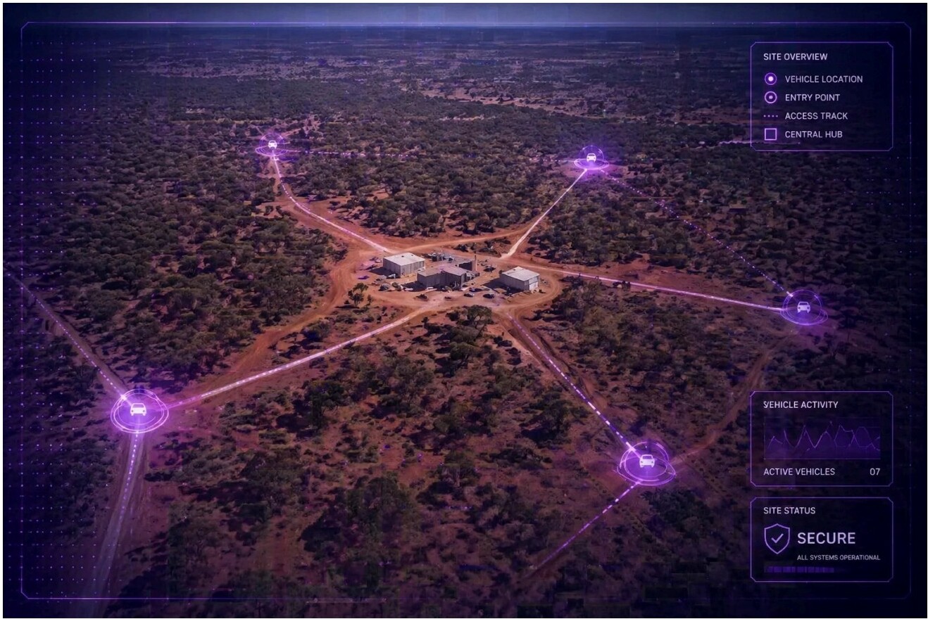 Aerial view of a remote site with vehicle activity and access tracks overlay