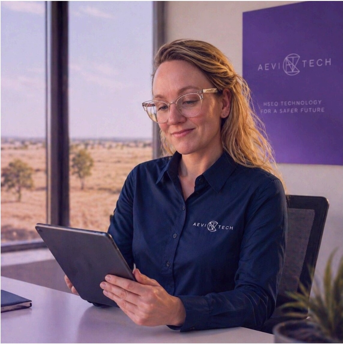 Aevi Tech team member working at a desk with HSEQ technology branding