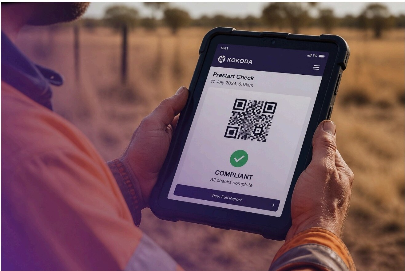 Tablet showing a Prestart Check screen with QR code and compliant status