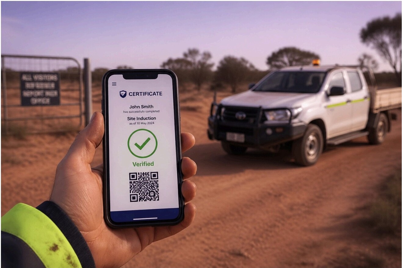 Hand holding a smartphone displaying a verified digital hygiene certificate with QR code at a property gate