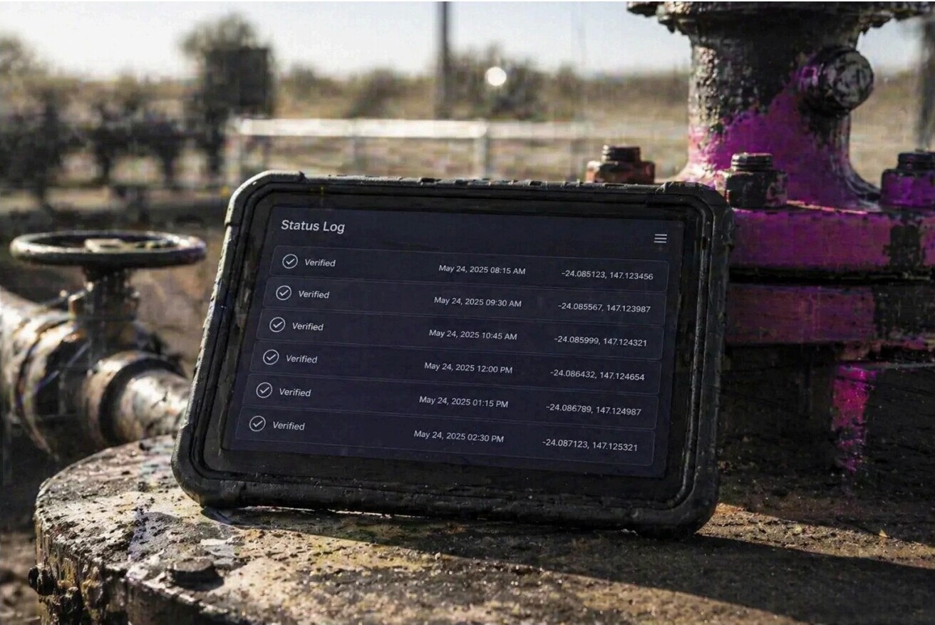 Rugged tablet displaying a verified vehicle hygiene status log in an industrial setting